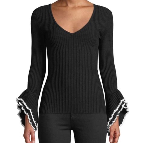 Milly Ribbed V-neck Sweater With Contrast Ruffle sz M NWT